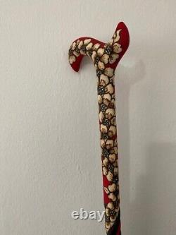 Flower Patterned Red Fantasia Walking Stick, High Quality Handmade Unique Carved