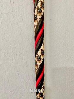 Flower Patterned Red Fantasia Walking Stick, High Quality Handmade Unique Carved