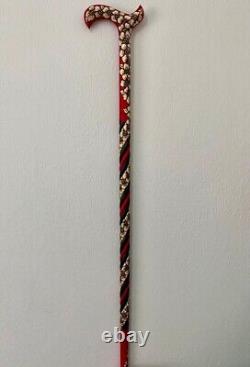 Flower Patterned Red Fantasia Walking Stick, High Quality Handmade Unique Carved