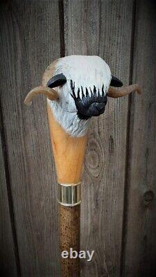 Fluffy baby cow Wooden Walking Cane Hand Carved Collectible Walking Stick