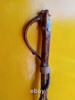 Folk Art Figural Vintage Hand Carved Rope Looped Wood Walking Cane Stick Signed