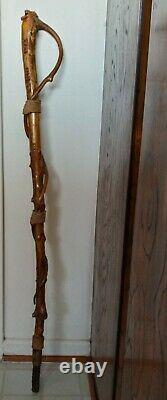 Folk Art Figural Vintage Hand Carved Rope Looped Wood Walking Cane Stick Signed