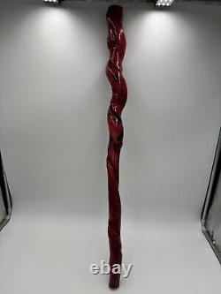 Folk Art Twisted Wood Hand Carved Painted Pink Walking Stick 33in L Vintage