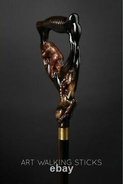 Forest Song Hand Carved Handmade Bear & Ram Wooden Cane, Walking Stick for Gifts