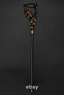 Forest Song Hand Carved Handmade Bear & Ram Wooden Cane, Walking Stick for Gifts