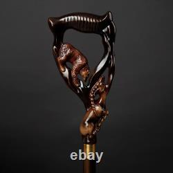 Forest Song Hand Carved Handmade Bear & Ram Wooden Cane, Walking Stick for Gifts