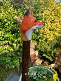 Fox Head Hand Carved in Lime wood Country Walking stick on Hazel Shank