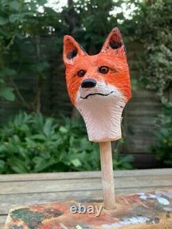Fox Head Hand Carved in Lime wood Country Walking stick on Hazel Shank