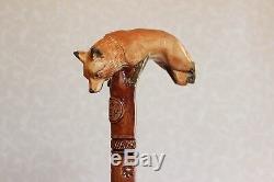 Fox Walking stick cane Hand carved Hiking Handmade Wooden