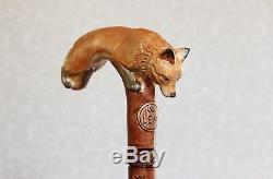 Fox Walking stick cane Hand carved Hiking Handmade Wooden