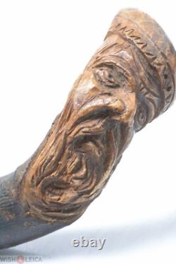 French Antique Beech Cane Walking Stick Folk Art Hand Carved Old Man Face