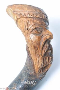 French Antique Beech Cane Walking Stick Folk Art Hand Carved Old Man Face