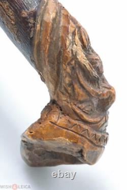 French Antique Beech Cane Walking Stick Folk Art Hand Carved Old Man Face