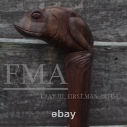 Frog Head Handle Walking Cane Hand Carved Wooden Walking Stick Christmas Gift