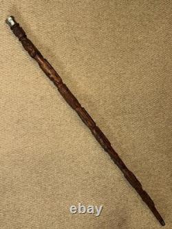 George VI Rustic Walking Stick Cane Silver Plated Top & Hand-Carved Fish Shaft