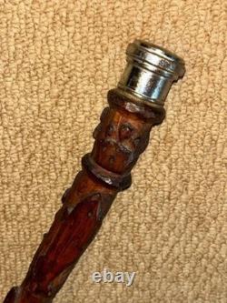 George VI Rustic Walking Stick Cane Silver Plated Top & Hand-Carved Fish Shaft