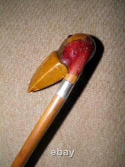Georgian Poplar Rustic Walking Cane- H/m Silver 1933- Hand Carved/Painted Toucan