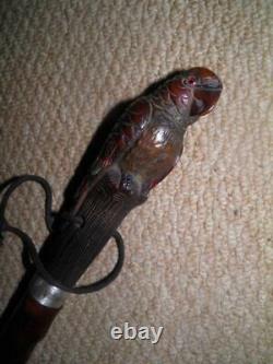 Georgian Walking Stick/Cane Hand Carved Painted Parrot Silver Collar H/M 1929