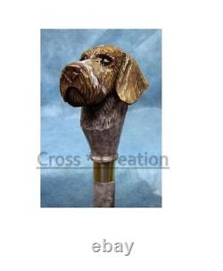 German Wirehaired Pointer Dog Head Handle Carved Wooden Walking Stick Cane Gift