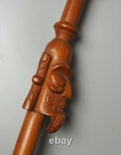 Good Large Vintage Easter Island Carved Wooden Oceanic Moai Walking Stick W Face