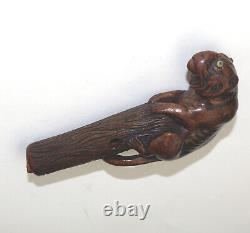 Good antique carved boxwood novelty Parasol Handle of a tiger glass eyes C. 1900