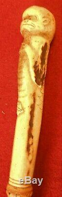 Great Antique Folk Art Walking Stick, Cane With Grotesque Figure Carved Antler