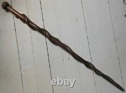 Great Folk Art Antique Carved Wood Cane Walking Stick Wound With Snake