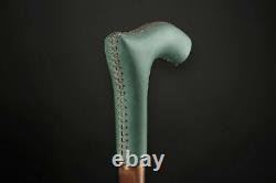 Green Leather Walking Stick, Derby Wooden Cane for Gift, Hand Carved
