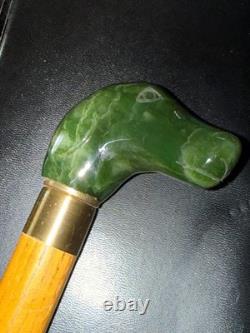 Green gemstone carved dog handle Walking stick / Cane