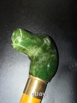Green gemstone carved dog handle Walking stick / Cane