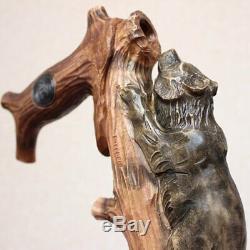 Grizzly wooden cane Hand carved handle and simple staff Hiking stick Bear walkin