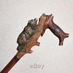 Grizzly wooden cane Hand carved handle and simple staff Hiking stick Bear walkin