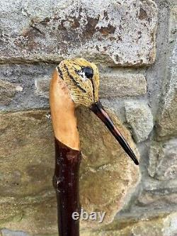Hand Carved American Woodcock In Lime Hiking/Walking stick on Black Cherry shank
