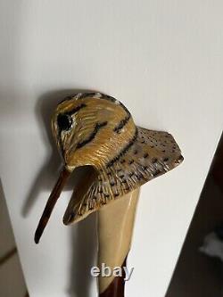 Hand Carved American Woodcock In Lime Hiking/Walking stick on Blackthorn Shank