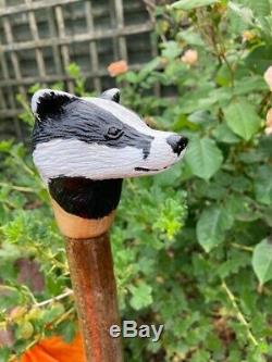 Hand Carved Badger Head Walking stick on Hazel Shank