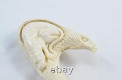 Hand Carved Bald Eagle & Dog Walking Stick Cane Top Handle Antler Horn