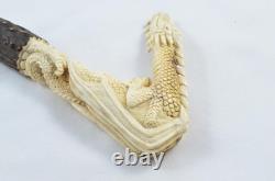 Hand Carved Bald Eagle & Dog Walking Stick Cane Top Handle Antler Horn