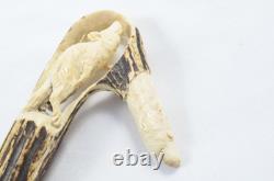 Hand Carved Bear & Fox Walking Stick Cane Top Handle Antler Horn Sheffield