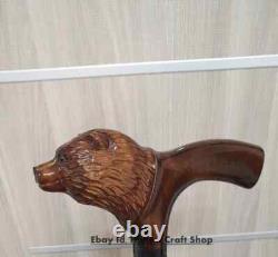 Hand Carved Bear Head Handle Wooden Walking Stick Cane Handmade Style Gift Adult