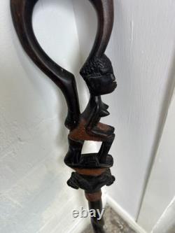Hand Carved Black & brown Wooden Walking Stick Cane, African Tribal Design 36