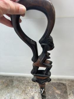 Hand Carved Black & brown Wooden Walking Stick Cane, African Tribal Design 36