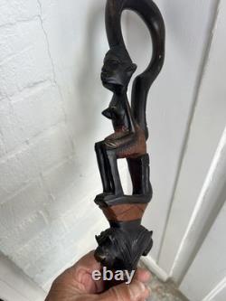 Hand Carved Black & brown Wooden Walking Stick Cane, African Tribal Design 36