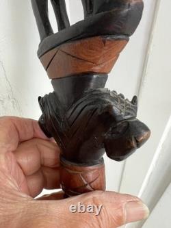 Hand Carved Black & brown Wooden Walking Stick Cane, African Tribal Design 36