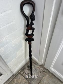 Hand Carved Black & brown Wooden Walking Stick Cane, African Tribal Design 36
