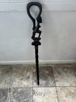 Hand Carved Black & brown Wooden Walking Stick Cane, African Tribal Design 36