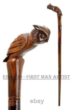 Hand Carved Cane Best Gif Owl Bird Head Handle Walking Stick Wooden Walking Cane