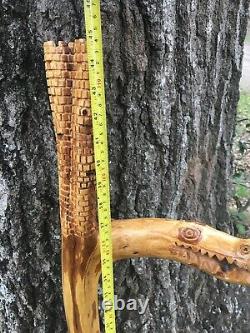 Hand Carved Cedar Wood Walking Stick Dragon And Castle Folk Art Mountain Man