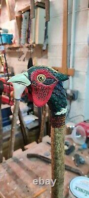 Hand Carved Cock Pheasant head walking stick