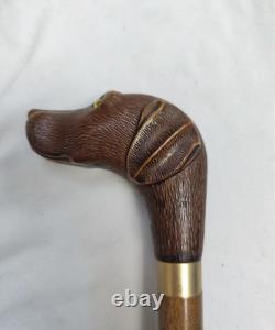 Hand Carved Doberman Dog Head Walking Stick Wooden Can