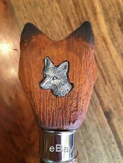 Hand Carved Fox Head Walking Stick, With Certificate